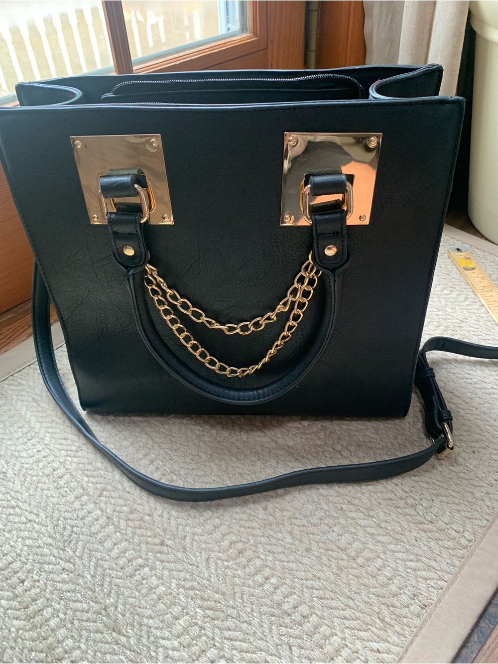 JustFab Black Shoulder Tote with Gold Chain Detail